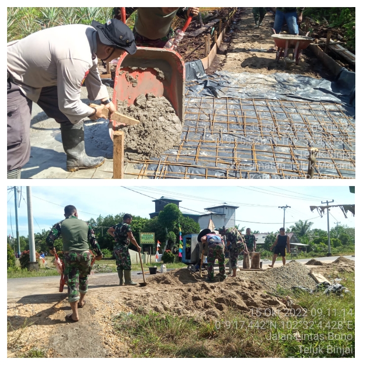 Panas Matahari, Tidak Mamatahkan Semangat Satgas TMMD Ke 115 Kodim 0313/KPR Kerjakan Cor Semenisasi Jalan