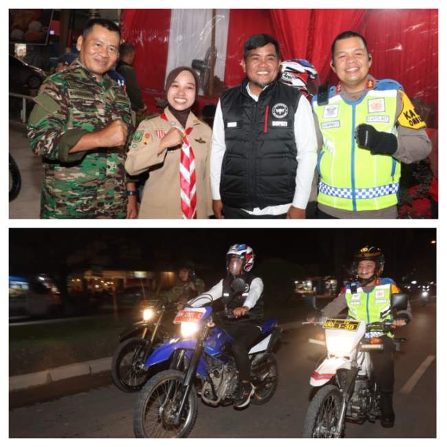 Kompak Naik Motor Kapolres, Bupati dan Dandim cek Pos PAM Lilin Lancang Kuning 2023 Sambil Serahkan Bingkisan