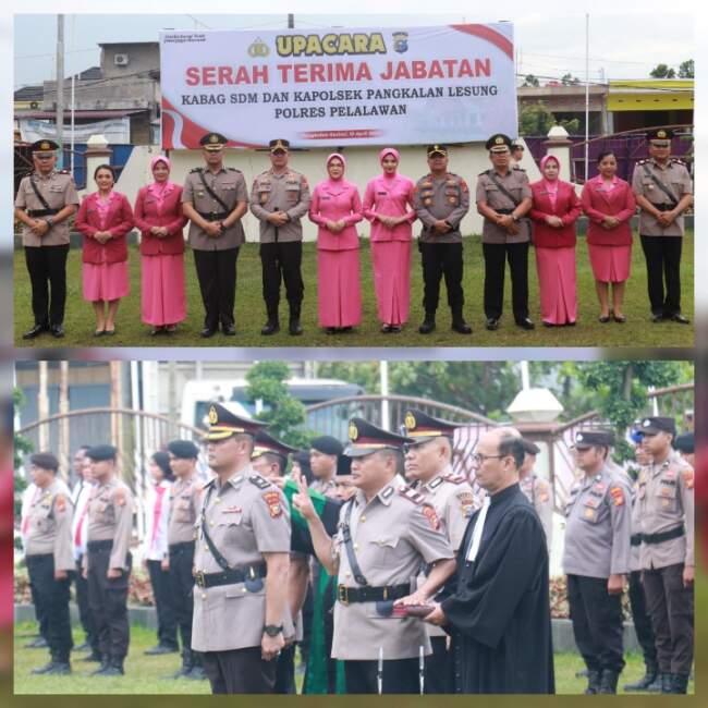 Kapolres Pelalawan Pimpin Upacara Sertijab Kabag SDM dan Kapolsek Pangkalan Lesung 